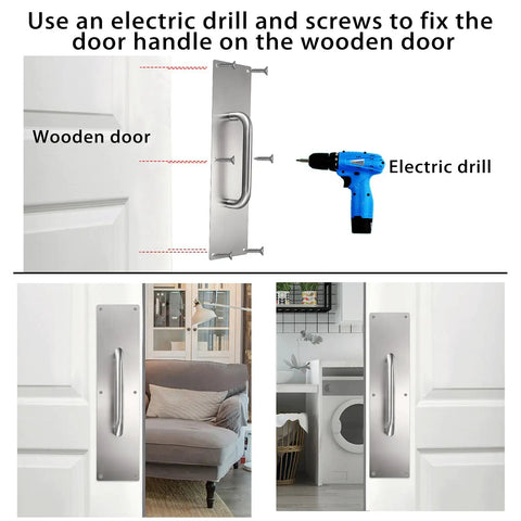 16 Inch Stainless Steel Door Handle Pull Push Set In Silver, Rust-Resistant And Durable, Easy Install, No-Fuss Setup For Quick Replacement, Heavy-Duty Hardware For Interior And Exterior Doors, Sleek Modern Lever Style For Everyday Use on wooden door