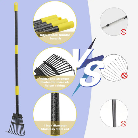 72 Inch Adjustable Garden Rake With Expandable Head For Leaf Debris Cleanup and long handle shown in parts