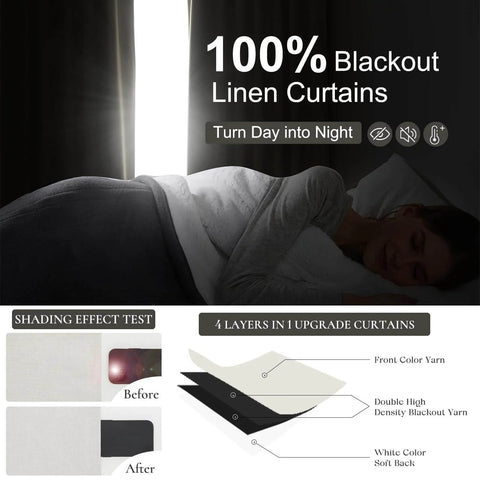 Woman sleeping in dark room with Total Blackout Curtains 96 Inches Long For Bedroom And Living Room Two Panel Set, thermal design.