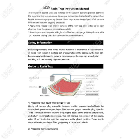 BACOENG 3-Gallon stainless resin trap vacuum chamber kit instruction page with labeled component diagram.