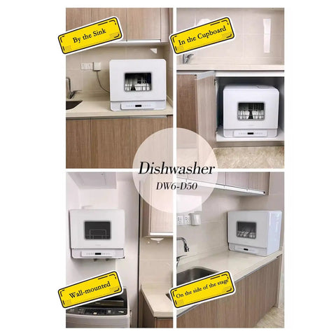 Sleek Fully Automatic Countertop Dishwasher With Uv Wash Cycle And Wall Mounted Design For Tight Counter Spaces shown in various kitchen placements.