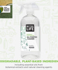 All Purpose Cleaner Spray For Home And Kitchen, labeled as biodegradable, plant-based 32oz bottle with illustrations and USDA logo