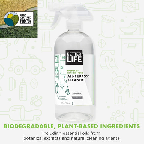All Purpose Cleaner Spray For Home And Kitchen, labeled as biodegradable, plant-based 32oz bottle with illustrations and USDA logo