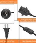 Close-up of 6 Pack Plug In Hanging Light Kit with 12 Foot Cord, E26 E27 socket, U.S. Plug, Braided cable, On Off switch