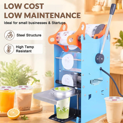 Heavy Duty 110V Manual Cup Sealer Handles 90 And 95 Mm Cups Up To 7 Inches Tall with smooth sealing for boba locations.