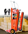 Heavy Duty Electric Stair Climbing Dolly With 37.4 Inch Extended Tracks For Effortless Moving Of Heavy Loads Up To 440 Pounds in warehouse with gloves.