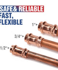 Heavy Duty Copper Pipe Press Tool Kit For 1/2 Inch And 3/4 Inch Viegas Propress Fittings Includes Socket Wrench And Cutters Compact Design With LED Light For Easy Access In Tight Spaces Perfect For HVAC Pros. Copper pipes in 1-inch, 3/4-inch, and 1/2-inch sizes.
