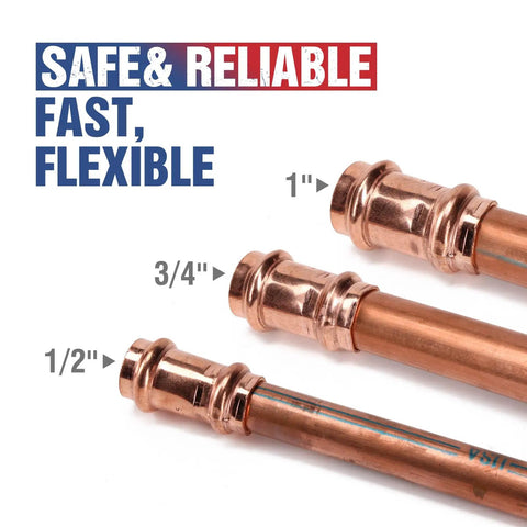 Heavy Duty Copper Pipe Press Tool Kit For 1/2 Inch And 3/4 Inch Viegas Propress Fittings Includes Socket Wrench And Cutters Compact Design With LED Light For Easy Access In Tight Spaces Perfect For HVAC Pros. Copper pipes in 1-inch, 3/4-inch, and 1/2-inch sizes.