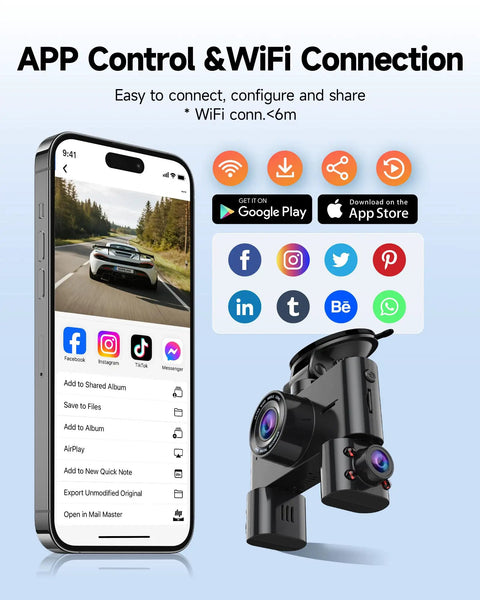 360 Degree Dash Cam For Cars With app interface and wifi connectivity icons