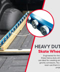 Kick Major Weight Around Your Shop With These 5 Foot Heavy Duty Conveyor Flow Rails Using Smooth Steel Skate Wheels For Frictionless Gravity Material Handling And Warehouse Setup 260 Lbs Per Ft Capacity Powder Coated Steel Build on a wooden base.