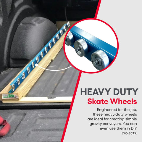 Kick Major Weight Around Your Shop With These 5 Foot Heavy Duty Conveyor Flow Rails Using Smooth Steel Skate Wheels For Frictionless Gravity Material Handling And Warehouse Setup 260 Lbs Per Ft Capacity Powder Coated Steel Build on a wooden base.