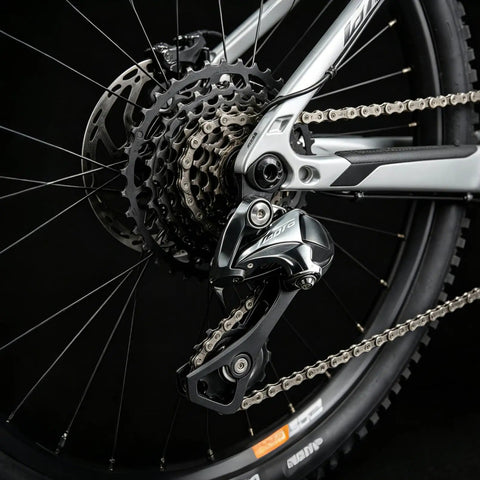 Close-up of Beefy 10 Speed Rear Derailleur RD-4700-SS Direct Mount installed on bike with chain and cogs visible