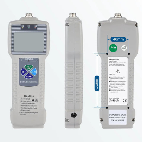 Digital Force Gauge With External Sensor, 5000N Capacity, Heavy Duty Tension And Compression Tester For Destructive Testing, High Precision Sensor For Flexible Measurements, front and side view