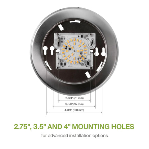 Back view of Six Inch LED Disk Lights With 15W Five CCT From 2700K To 5000K Dimmable Flush Mount Low Profile Surface Mount Ceiling Fixture 1245LM CRI90 Plus Energy Star UL showing mounting holes