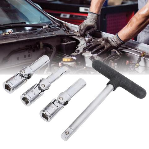 Mechanic using Glow Plug Socket Set Eight Millimeter Ten Millimeter Twelve Millimeter With Three Eighths Inch Drive T Bar Handle And Universal Joint