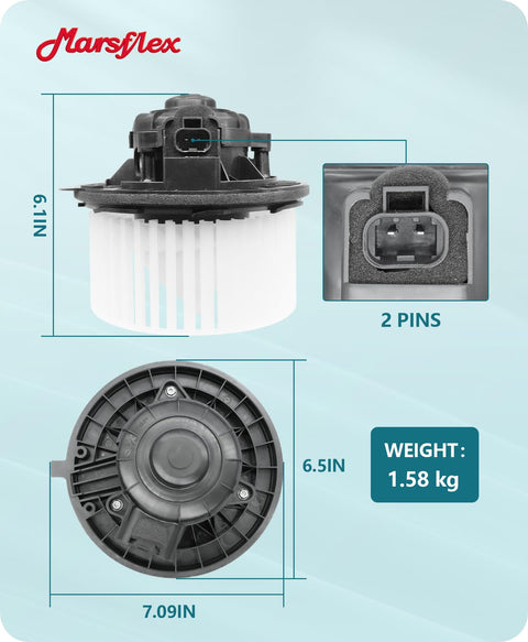 Front HVAC Blower Motor Compatible With Chevy Tahoe Silverado Avalanche Suburban 2007 2008 2009 2010 2011 2012 2013 2014 For GMC Yukon Sierra Cadillac Escalade Without Resistor 22741027, dimensions and weight shown