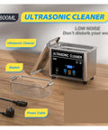 Hualuck 800ml Ultrasonic Cleaner With Heater And Timer on wooden surface with basket and power cable, ideal for jewelry and glasses.