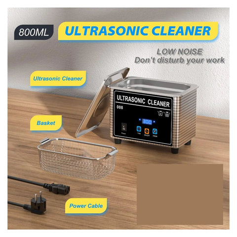 Hualuck 800ml Ultrasonic Cleaner With Heater And Timer on wooden surface with basket and power cable, ideal for jewelry and glasses.