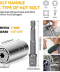 Crazy Handy Flexible Drill Bit Extension And Universal Socket Wrench Set With 105 Degree Right Angle Attachments shown with dimensions