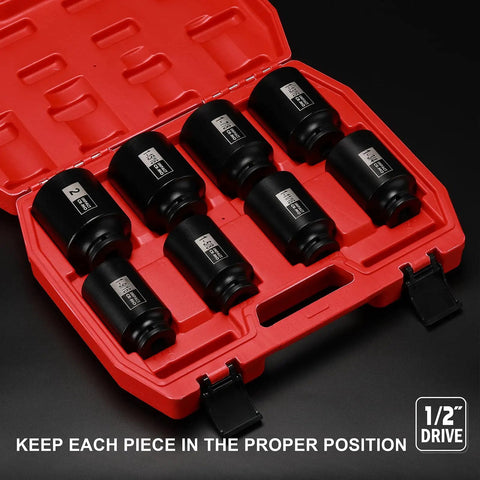 Beefy 1/2 Inch Drive Spindle Axle Nut Impact Socket Set 4 Piece CR-MO 6 Point SAE Deep Sockets in red case