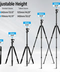 Four sizes of Carbon Fiber Camera Tripod 65.5 Inch Tall With Arca Swiss E10 360 Degree Panorama Ball Head shown at adjustable heights.