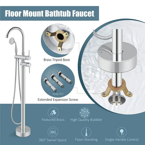 Floor Mount Bath Tub Faucet Freestanding Tub Filler With High Flow Shower And 360 Degree Swivel Spout All Metal Brass Chrome Finish