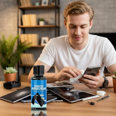 Man using Phone Screen Scratch Remover And Glasses Scratch Repair Cream With Sponge Quick Fix Polish Paste for easy restoration on devices.