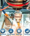 Straight Shooting Coolant Mister For Milling Machines With Slick Magnetic Base Mist spray directed at a cutting tool for precise cooling.