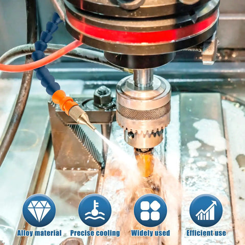 Straight Shooting Coolant Mister For Milling Machines With Slick Magnetic Base Mist spray directed at a cutting tool for precise cooling.