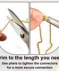 100 Pieces 11.2 Cm Ball Bead Chain Keychain Links in Assorted Colors for DIY Jewelry Making Keychains Tags Mini CD Case Photo Card Holder Protectors and Light Duty Metal Bead Connectors, gold chain being cut and crimped with pliers