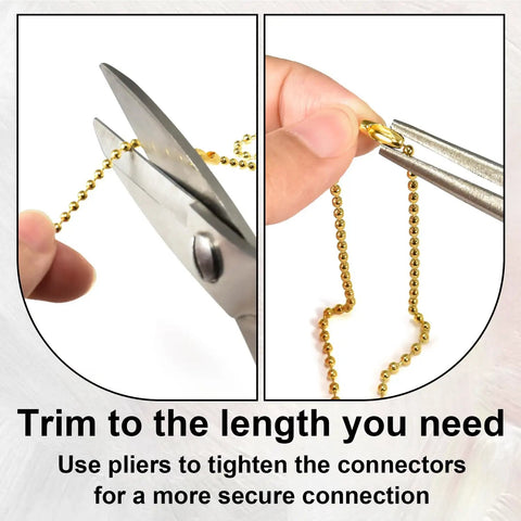 100 Pieces 11.2 Cm Ball Bead Chain Keychain Links in Assorted Colors for DIY Jewelry Making Keychains Tags Mini CD Case Photo Card Holder Protectors and Light Duty Metal Bead Connectors, gold chain being cut and crimped with pliers