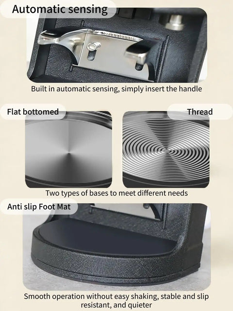 Bottomless Hassle Automatic Coffee Tamper Electric Espresso Press 58mm With Adjustable Pressure 5 To 30kg flat base with anti-slip foot mat.