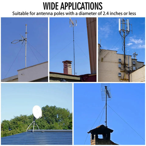 Wide application of Three Way Guy Wire Ring Kit for antenna poles up to 2.4 inches shown on various rooftops.