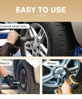 Universal wheel locks being installed and removed with wrench and socket on silver car wheels.
