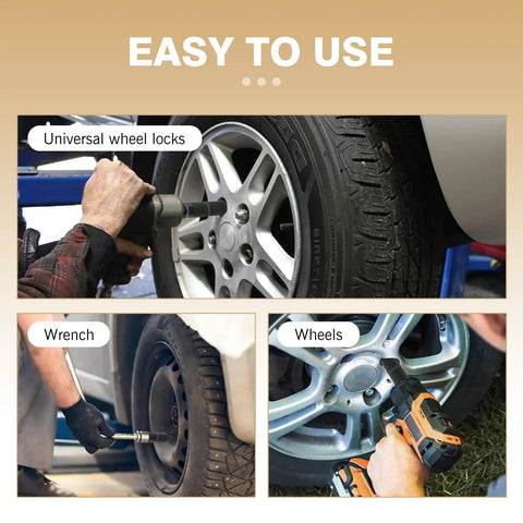Universal wheel locks being installed and removed with wrench and socket on silver car wheels.
