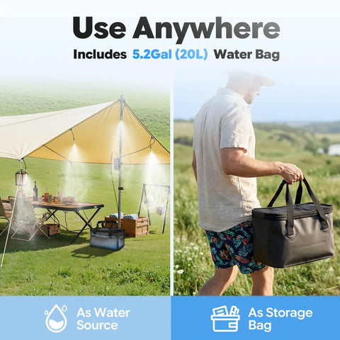 Beat The Heat Anywhere Portable Misting System with 20L water bag shown under canopy and carried by man outdoors