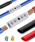 6 Gauge Wire Butt Connectors Kit with Tinned Brass, featuring screw-type terminals and heat shrink tubes, for secure wiring.