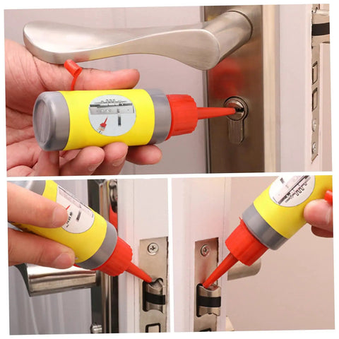 Graphite Powder Lubricant 3 Pack, 60ml Each, Dust Free Dry Lube for car and home locks, shown being applied to door locks.