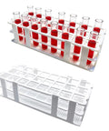 Two Pack 24 Hole White Plastic Test Tube Rack, Detachable Holder For 25mm And Smaller Tubes, Durable Lab Organizer For Chemistry And Biology, Sturdy Countertop Stand with empty and filled tubes