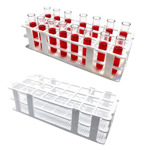 Two Pack 24 Hole White Plastic Test Tube Rack, Detachable Holder For 25mm And Smaller Tubes, Durable Lab Organizer For Chemistry And Biology, Sturdy Countertop Stand with empty and filled tubes