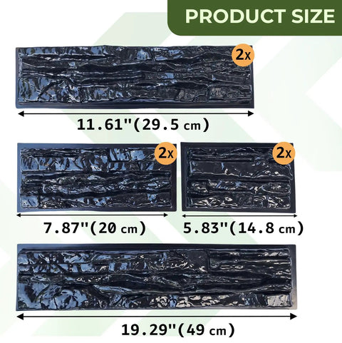 7 Piece ABS Flagstone Limestone Concrete Molds Kit 2mm Natural Stone Wall Tiles for DIY Cement Projects Easy to Use Stone Look Molds for Patio Garden Walkway Walls, showing four mold sizes with measurements.