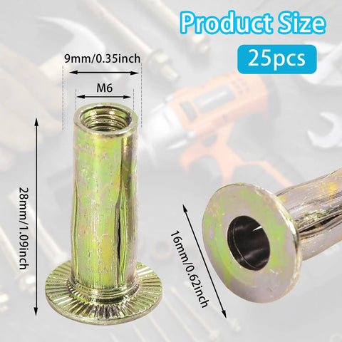 25Pcs M6 Multi Grip Rivet Nuts Pre Bulbed Shank Carbon Steel Zinc Plated Flat Head Threaded Insert Nuts Set dimensions
