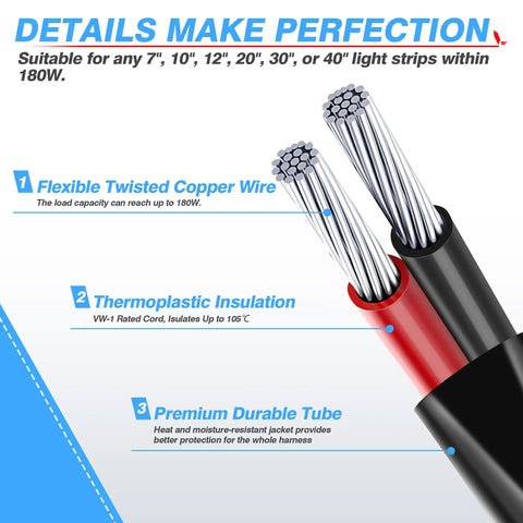 Close-up of Off Road LED Light Bar Wiring Harness with flexible twisted copper wire, insulation, and durable tube for 180W light bars.