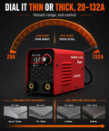 132A 110V Arc Welder With IGBT Inverter Hot Start Arc Force Anti Stick Portable Mini Welder for steel, red welder front dial view