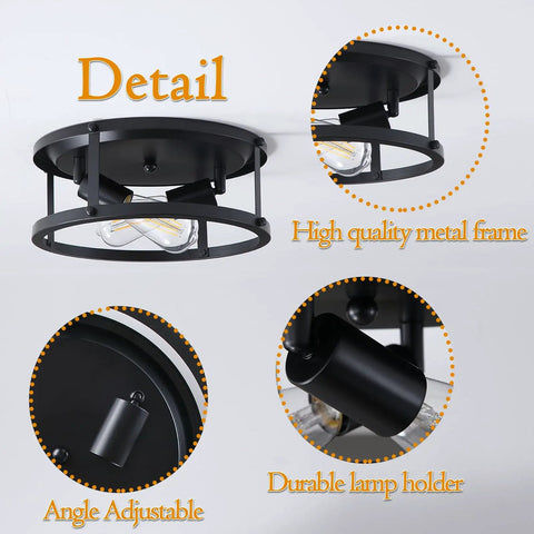 Four Pack Dope Black Farmhouse Flush Mount Ceiling Lights With Two Light Rustic Industrial Ceiling Fixtures detail close-up