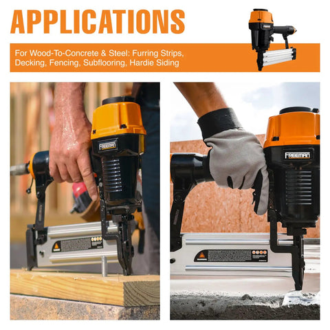 Heavy Duty 14-Gauge Pneumatic Concrete Nailer for five eighths to two and a half inch nails in wood-to-concrete application.