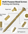 Close-up of 215 Piece Multi Purpose Wood Deck Screw Kit with Bugle Head Torx Star Drive and golden coating, ideal for decks.