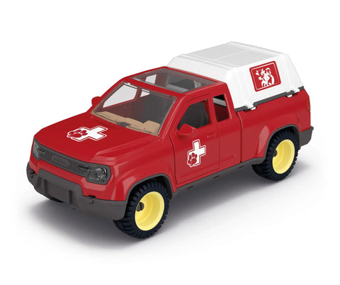 Red toy rescue truck from Farm Vet Playset With 29 Piece Veterinarian Figures Truck Cow Figurine And Accessories Kid Friendly 3 Plus
