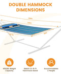 Dimensions and capacity of the 12 Ft Quilted Double Hammock With Spreader Bars And Detachable Pillow, 450 Lbs Weight Capacity.