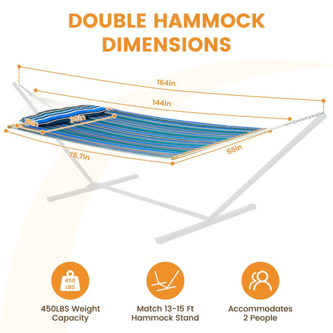 Dimensions and capacity of the 12 Ft Quilted Double Hammock With Spreader Bars And Detachable Pillow, 450 Lbs Weight Capacity.